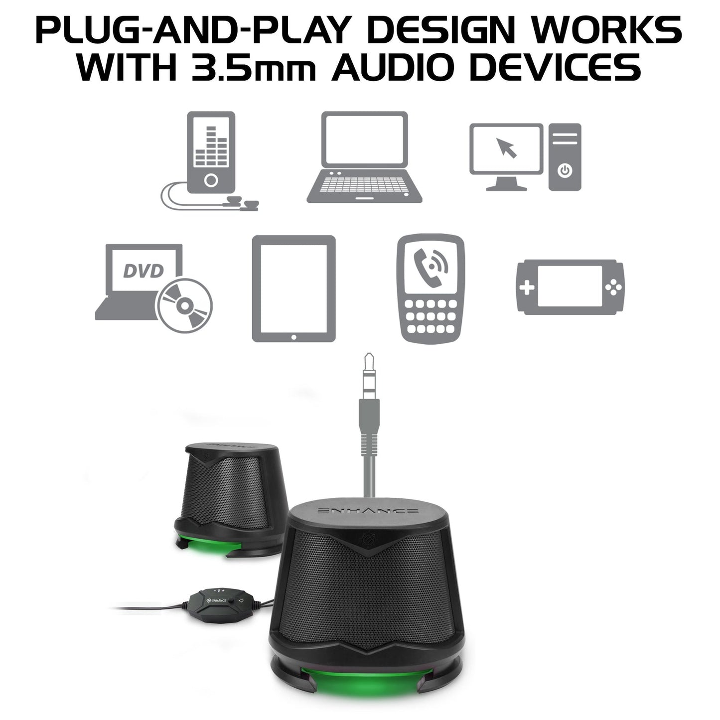 Enhance SB2 USB Powered LED Speakers – Green LED / 10 W Peak