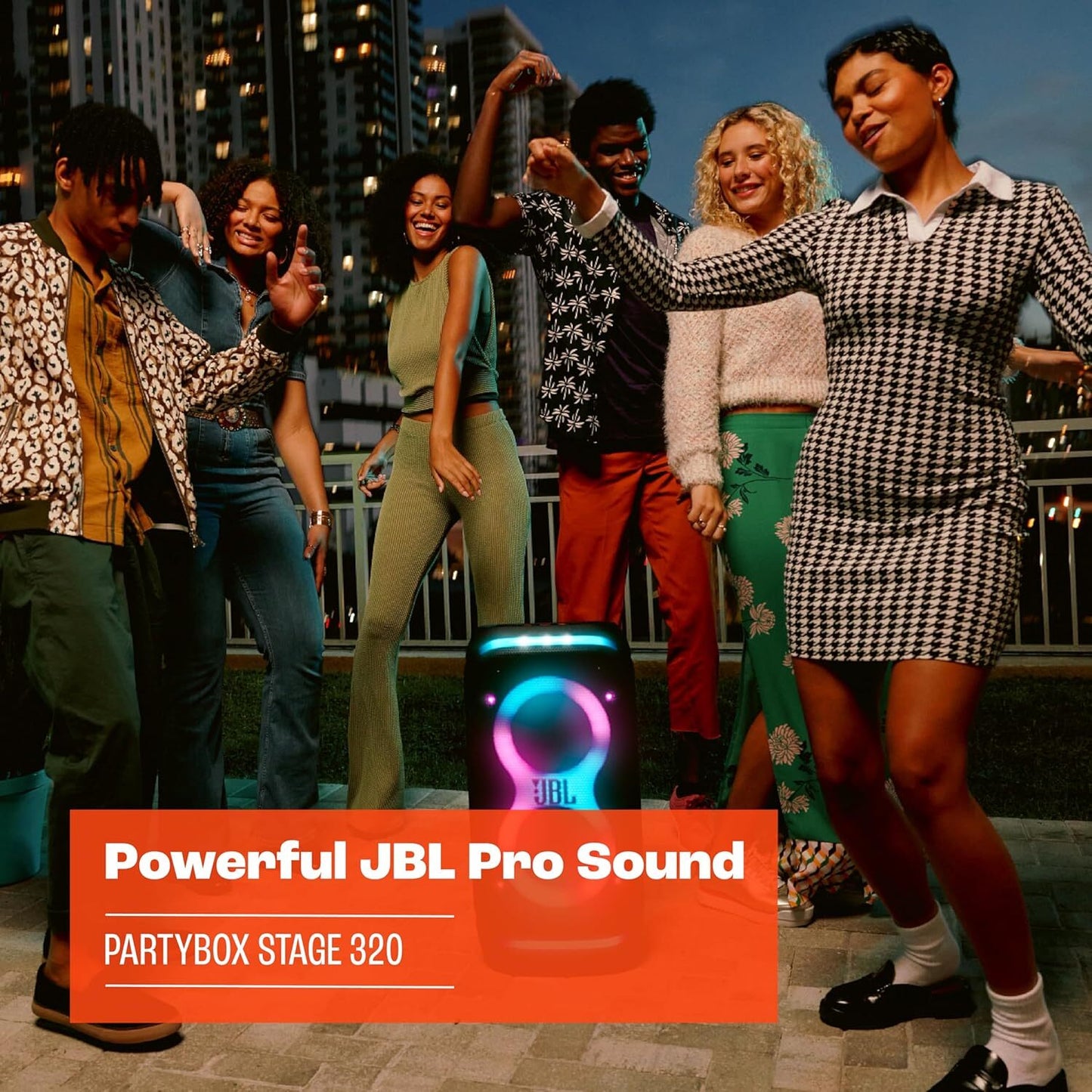 JBL Party Box Stage 320 Bluetooth Party Speaker Illuminated Splash‑Resistant 240W