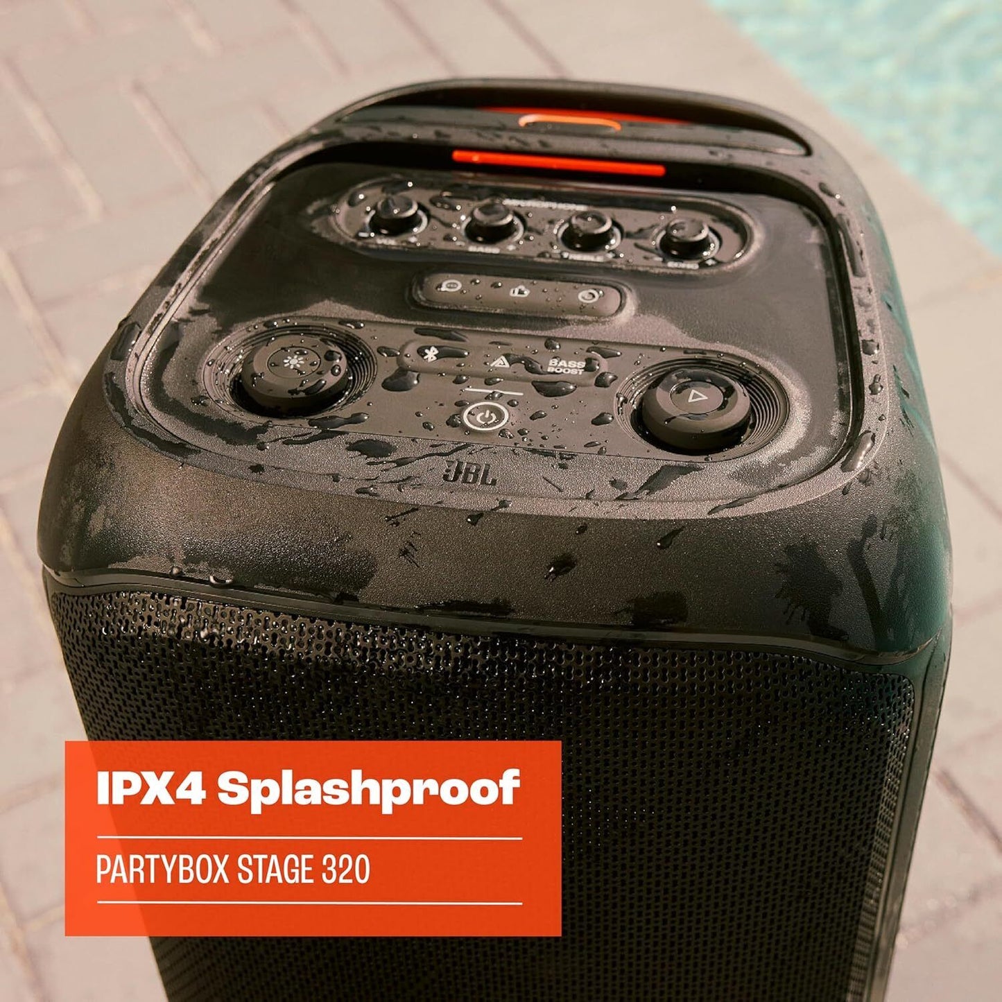 JBL Party Box Stage 320 Bluetooth Party Speaker Illuminated Splash‑Resistant 240W