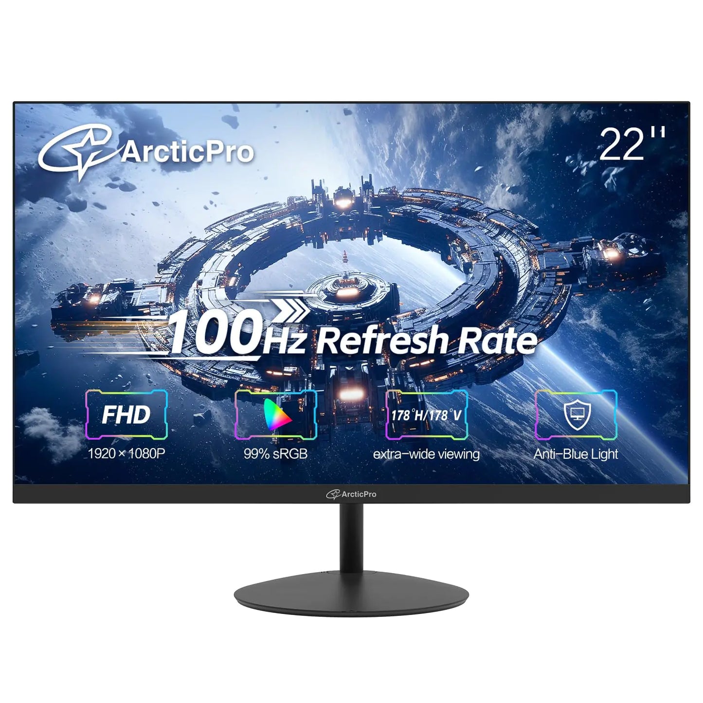 ArcticPro 22inch Computer Monitor FHD 1080p 100Hz Office and Gaming Monitor 4ms Response Time 3-Sided Frameless Ultra Slim VESA Mountable Anti-Blue Light Design HDMI VGA