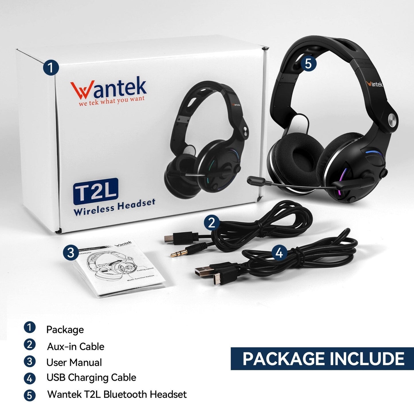 Wantek T2L Wireless Noise-Canceling Headset Black