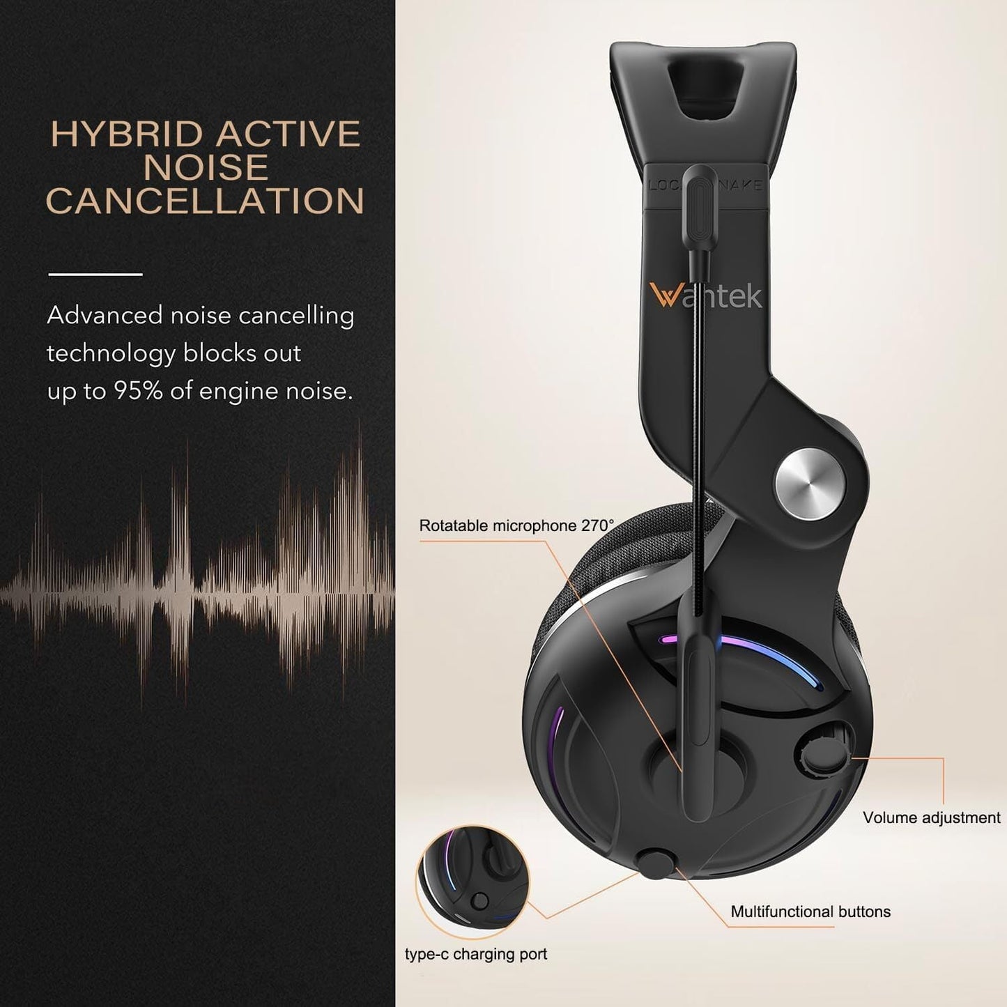 Wantek T2L Wireless Noise-Canceling Headset Black