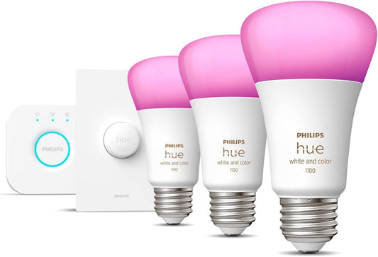 NEW Philips Hue Starter Kit: (3) E26 LED Smart Bulbs (75W) + Smart Button - Adjustable Color and Brightness, Voice Control, Easy Setup
