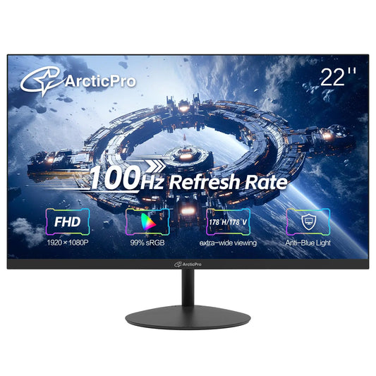 ArcticPro 22inch Computer Monitor FHD 1080p 100Hz Office and Gaming Monitor 4ms Response Time 3-Sided Frameless Ultra Slim VESA Mountable Anti-Blue Light Design HDMI VGA