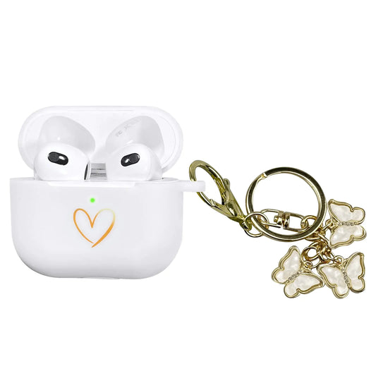 AIIEKZ AirPods 3 Case Cover 2021 Soft Silicone Case with Gold Heart Pattern and Cute Butterflies for Women (White)